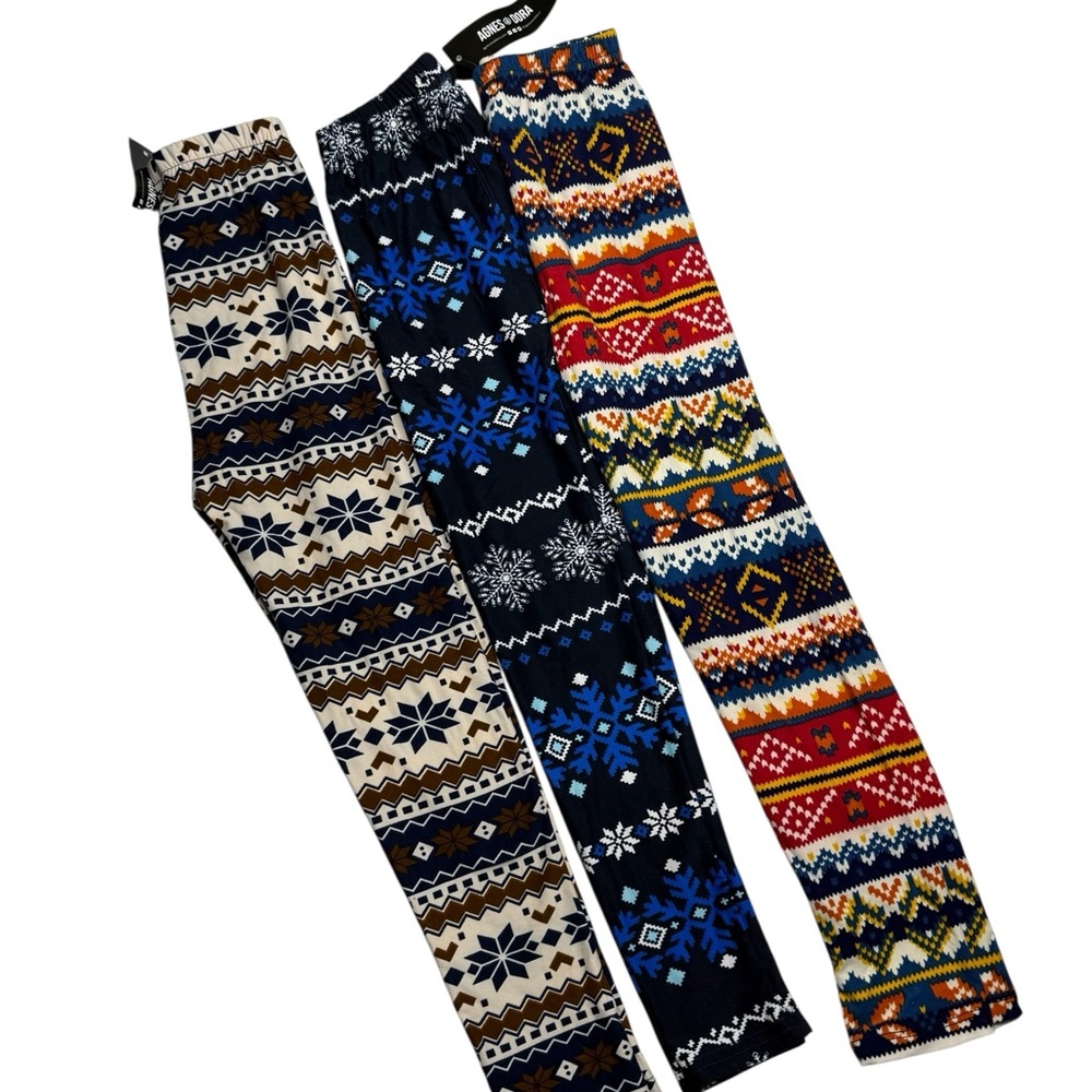 Agnes & Dora Kids Leggings Trio - Navy Blue, Brown, Multicolor Fair Isle L/XL